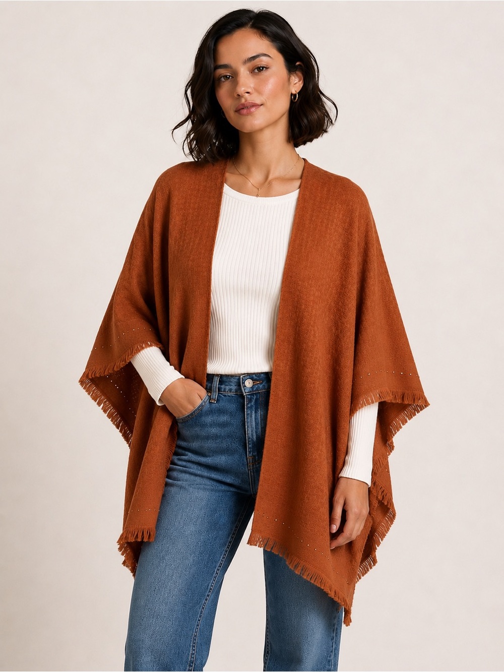 The Pioneer Woman Open Front Studded Trim Ruana Poncho Wrap Cognac Brown OS